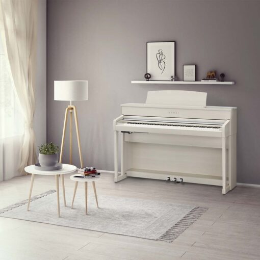Image of Kawai CA701W in Satin White in a living room.
