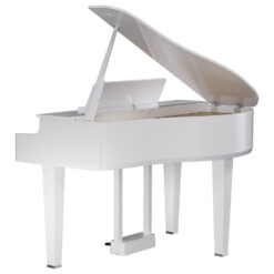 Image of a Roland GP-6 Digital Grand Piano in White Polish, from the rear, with the lids open, on a white background