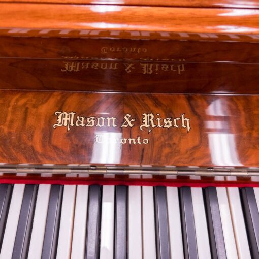 Used Mason and Risch Upright Piano in Polished Walnut Front Logo