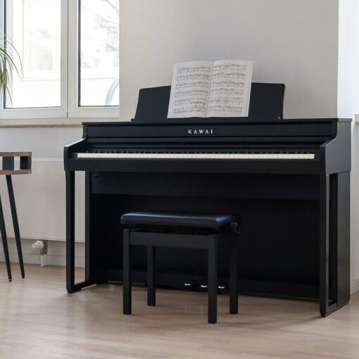 A Kawai CA401 Digital Piano in a living room with sheet music on the stand.