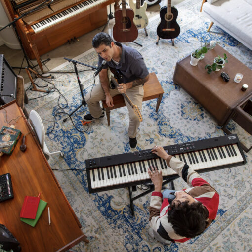 Image of two musician friends singing and playing with a Roland RD-08 Stage Piano