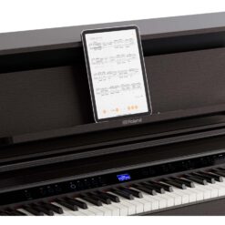 Roland LX6 Digital Piano with iPad on it, showing the Roland Piano App