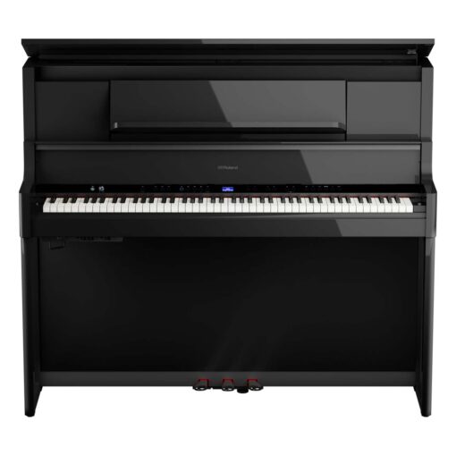 A Roland LX-9 Digital Piano in Polished Ebony finish, head-on image, on white background.