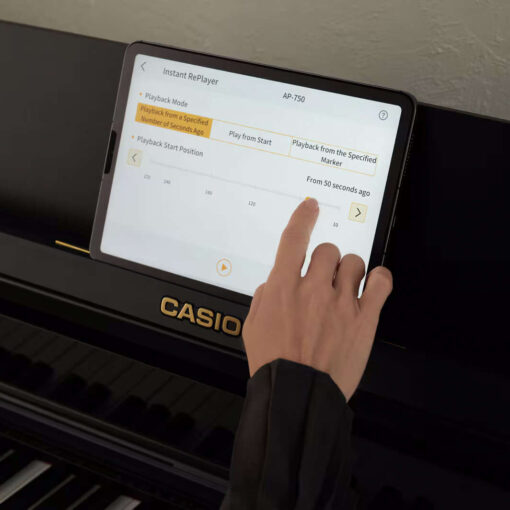 A woman using the Casio Music Space app on an AP750