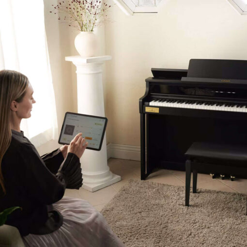 Casio AP750bk with a woman in front holding a tablet.